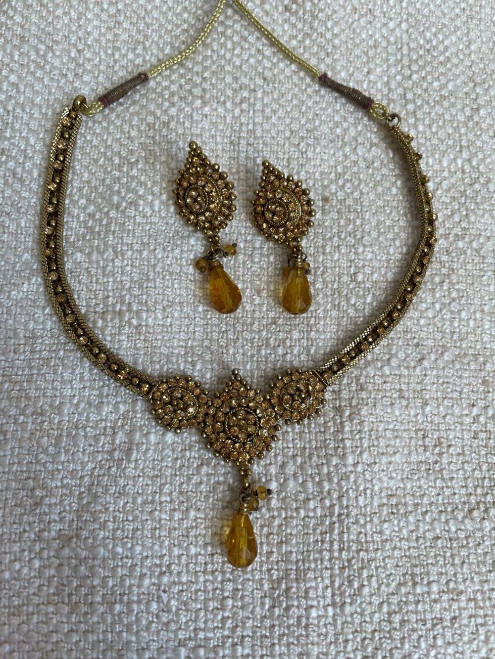Vintage Rhinestone Bollywood Statement Gold Tone Necklace Earrings Set